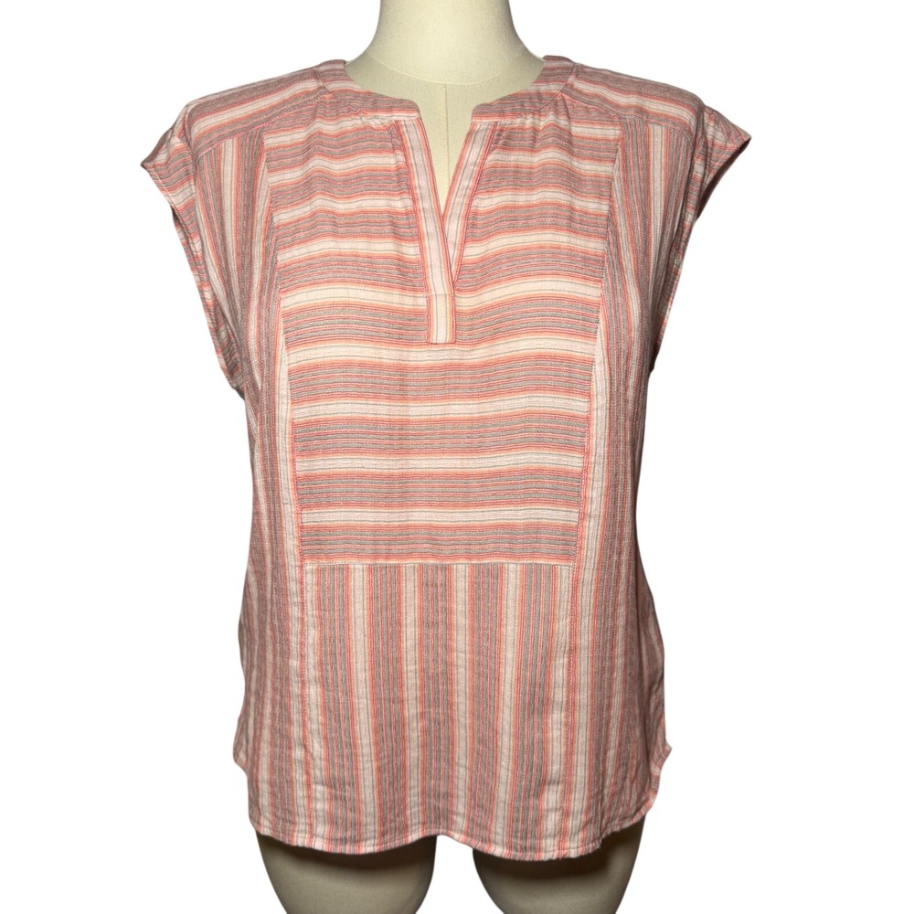 Vince Camuto Womens Large Coral Striped 100% Cotton Split Neck Cap Sleeve Blouse